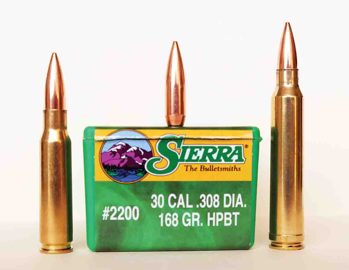 The Sierra .30-caliber 168-grain MatchKing HP BT bullet was used in (left) .308 Winchester and (right) .300 Winchester Magnum handloads for accuracy evaluation.